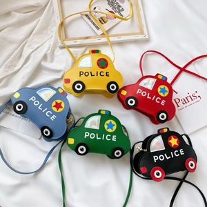 Cute car-shaped PU leather crossbody bags for kids in five vibrant colors with police theme