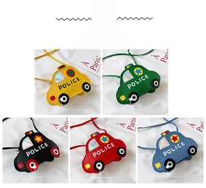 Collage of colorful PU leather police car shaped crossbody bags for kids in five colors