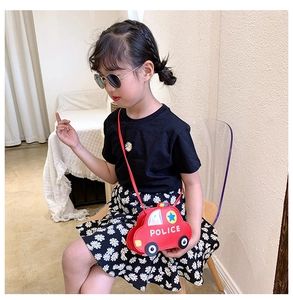 Detailed close-up of a red police car shaped PU leather crossbody bag for kids