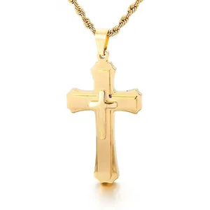 Men Cross Pendant Necklace 316L Stainless Steel Double Layered Religious Classic Hip Hop Jewelry With Rope Chain