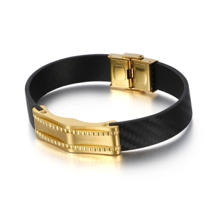Men's black carbon fiber silicone bracelet with golden stainless steel buckle clasp