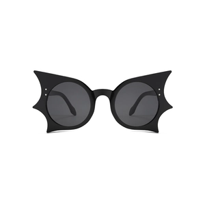 Modische schwarze Cat-Eye Sonnenbrille im Fledermaus-Stil mit runden Gläsern und Dekor