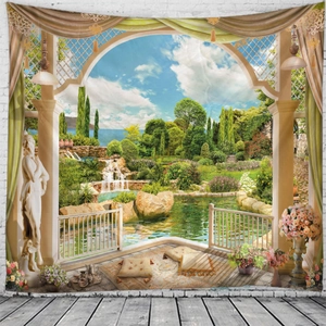 Detail of wall tapestry featuring European archway view with lush garden and fountain