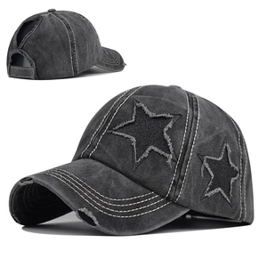 Berretto Da Baseball In Cotone Lavato Con Foro Per Coda Di Cavallo Toppa A Stella Vintage Consumata Cappello Regolabile