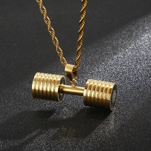Golden barbell pendant necklace with twisted rope chain for men on black background