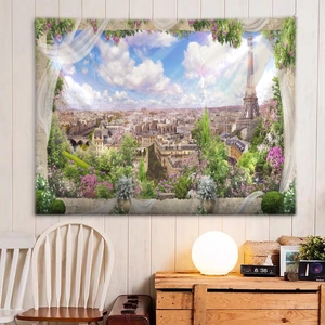 Detailed view of Paris Eiffel Tower tapestry with blooming flowers for wall decoration
