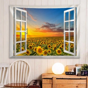 Dettaglio dell'arazzo 3D a finestra con girasoli al tramonto in una stanza accogliente