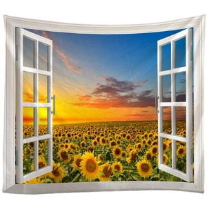 Arazzo da parete con vista finestra, campo di girasoli e paesaggio al tramonto