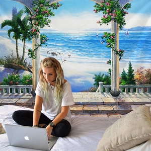 Mediterranean seascape tapestry with beach terrace view for bedroom wall decoration