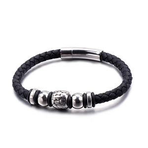 Braided Leather Bracelet For Men With Stainless Steel Beads And Magnetic Clasp Trendy Masculine Punk Style Jewelry