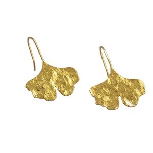 Elegant gold ginkgo leaf dangle earrings with a textured metallic hammered finish for women