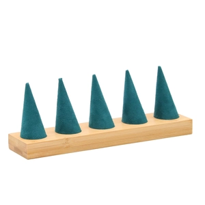 Bamboo ring display stand with five dark green microfiber cone holders on a wood base