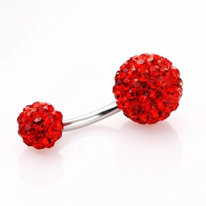 Silver belly button ring with double red crystal paved balls and curved bar barbell