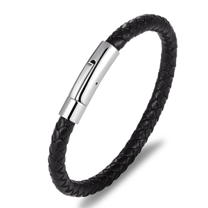 Men's black braided leather bracelet with a polished silver magnetic clasp on white background