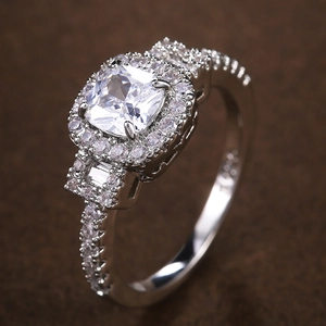 Classic silver ring with square-cut zircon and micro-paved side diamonds for women