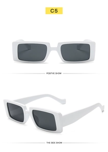 Front and side view of trendy white square frame sunglasses with dark lenses