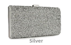 Detail of silver rhinestone evening clutch bag with rectangular hard shell and metal clasp