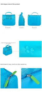 Waterproof blue oxford toiletry bag with durable green zippers and breathable mesh detail