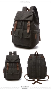 Detailed views showing a vintage canvas backpack with leather straps and front pockets