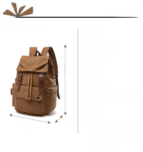 Detailed view of brown canvas backpack dimensions 42x29x19cm and material specifications