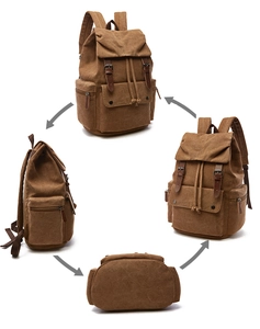Detailed multi-angle views of a brown canvas backpack with leather straps and metal buckles