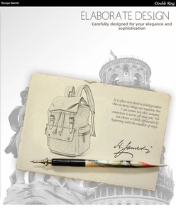 Artistic design sketch of a vintage canvas backpack showing buckle and pocket details