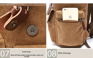 Detail of tan canvas backpack featuring leather magnetic buckle and side zipper storage