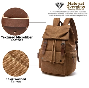 Detail view of brown canvas backpack with 16oz washed fabric and microfiber leather trim