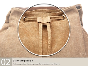 Close-up of khaki canvas backpack with reinforced stitching and metal drawstring eyelets