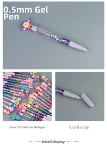 Detailed view of 0.5mm creative quicksand gel pens with cute 3D cartoon topper charms