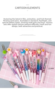Detail of colorful liquid glitter pens with cute cartoon toppers and gradient sand effect