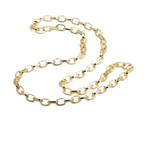 Cuban hip hop gold sweater chain with textured oval links on a white background