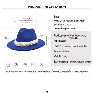 Two-tone wool fedora hat with pearl accessory and size chart display on white background