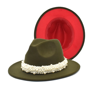Olive green wool fedora with pearl band and red brim contrast detail