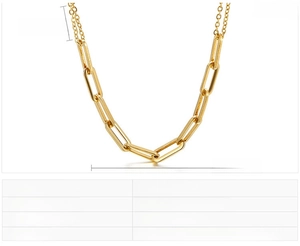Detailed view of golden stainless steel paperclip chain necklace with size specifications