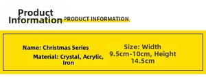 Specifications for LED Christmas cake topper made of crystal and acrylic, size 10x14.5cm