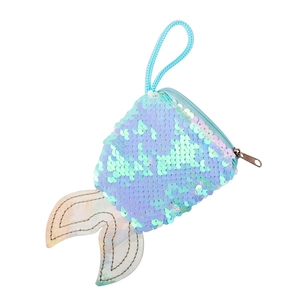 Detail of mermaid tail coin purse featuring iridescent gradient sequins and a holographic fin