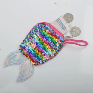 Detail of colorful sequin mermaid tail coin purse with metallic fins and pink zipper