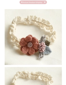 Detailed macro view of brick red felt flower hairband with delicate cream lace texture