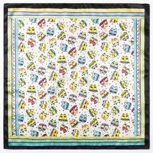 Detailed pattern showing cartoon cat prints and colorful striped borders on square silk scarf
