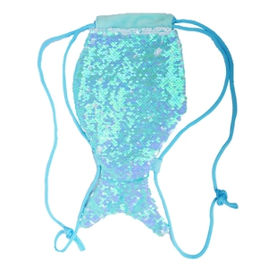 Detail of turquoise mermaid tail drawstring bag with iridescent sequins on white background