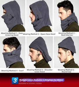 Detailed 6-way wear guide for windproof fleece balaclava with adjustable drawstring