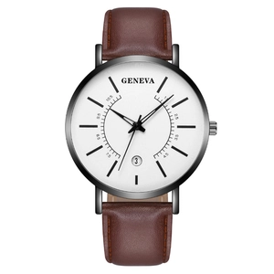 Geneva men's quartz watch with brown leather strap and silver case on white background