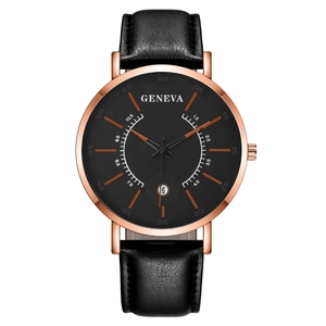 Men's Geneva quartz watch with black leather strap and rose gold date display case