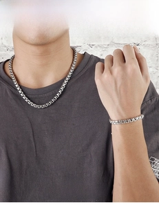 Ensemble collier et bracelet pour hommes en acier inoxydable argenté poli