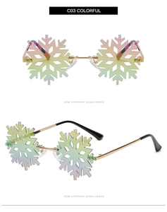 Detail of snowflake shaped rimless sunglasses with colorful gradient lenses and gold frame