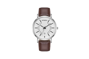 Detail view of silver Geneva watch with white dial and brown leather texture strap