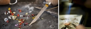 Macro view of colorful zircon gemstones and jewelry welding process for custom earrings
