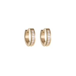 Minimalist gold titanium steel huggie earrings featuring a row of white cubic zirconia