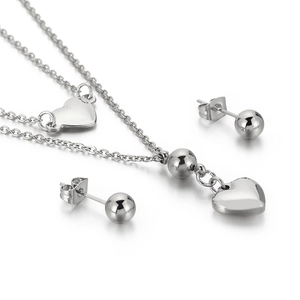 Silver minimalist multilayer necklace set with heart pendants and round stud earrings